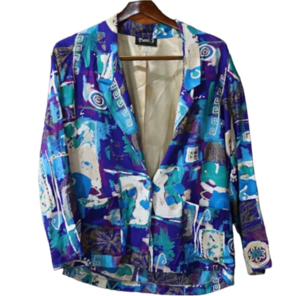 Dani J Vintage Loud Print Patterned Blazer Jacket Blue Small